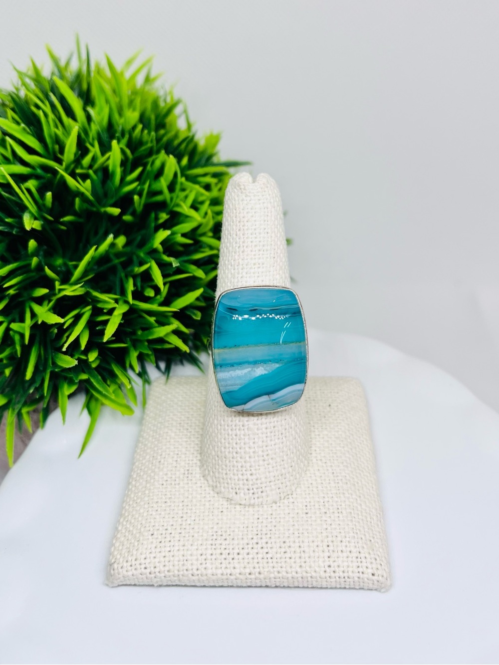 Botswana Agate Blue Ring with Banding Sterling Plated